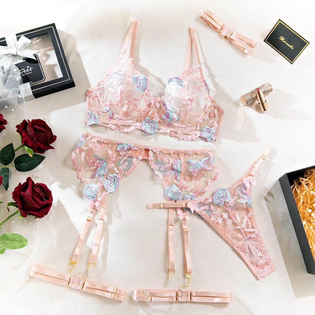 Sexy Transparentes Besticktes Blumen-Dessous-Set - 5 Teile, Hüftbetonend, Figurformend