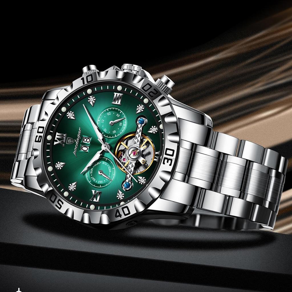 POEDAGAR Top Luxus Herrenuhr Automatisch Datum Woche Herren Armbanduhr Hohl Tourbillon Mechanisch Edelstahl Herrenuhr