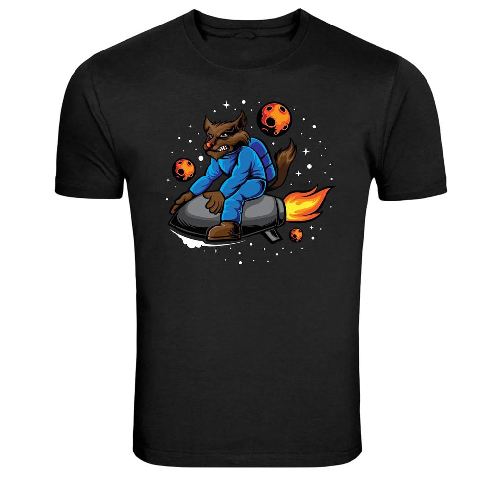 Wolf Astronaut Riding Rocket Space Graphic T-Shirt