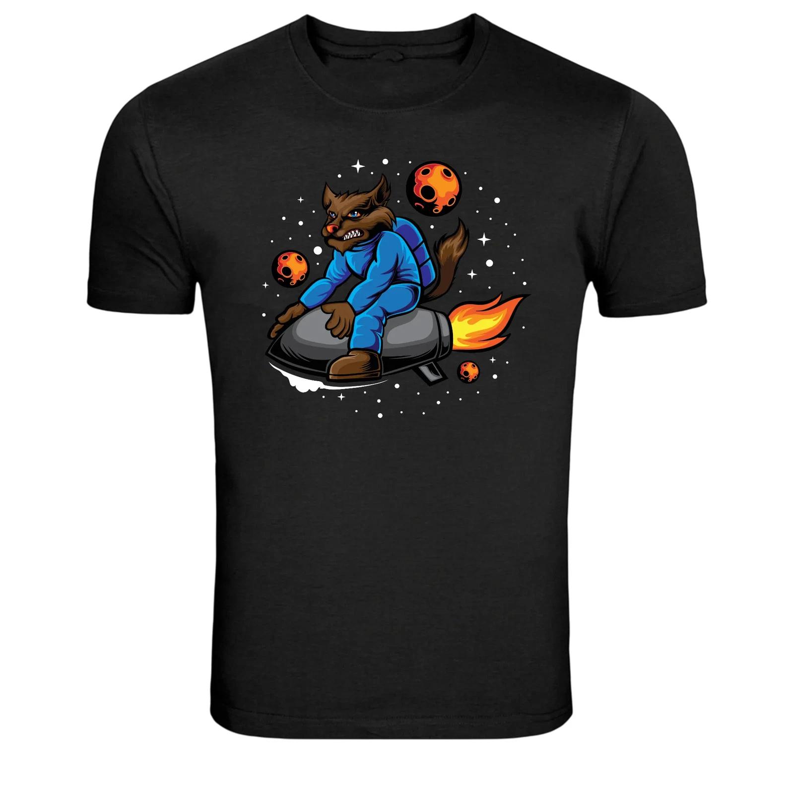 Wolf Astronaut Riding Rocket Space Graphic T-Shirt M