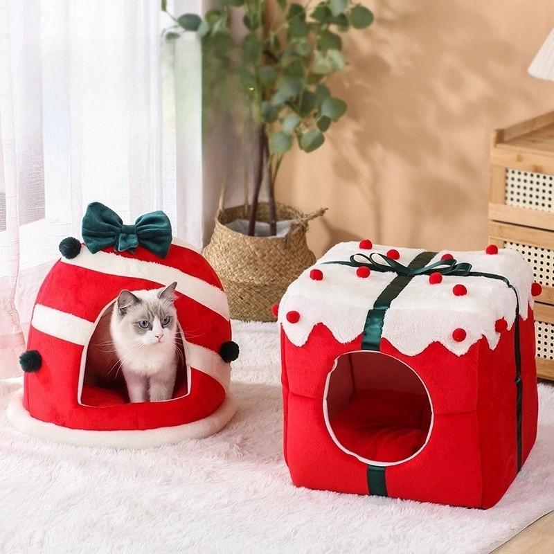 Theme Christmas Pet Cat Dog Bed Puppy Kitten Cozy Sleeping Nest Plush Cave House