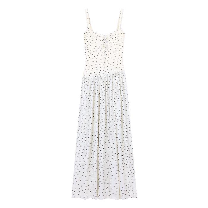 French Polka Dot Waist-Cinched Spaghetti Strap A-Line Summer Dress S