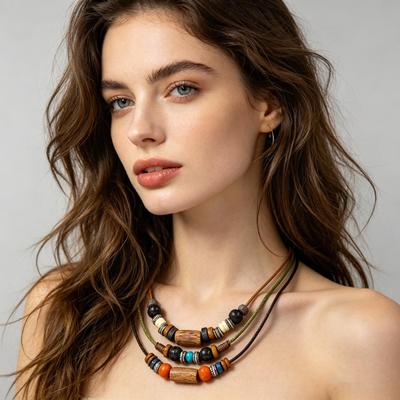 Women's Vintage Bohemian Ethnic Multi-Layer Colorful Wood Bead Long Sweater Chain Necklace