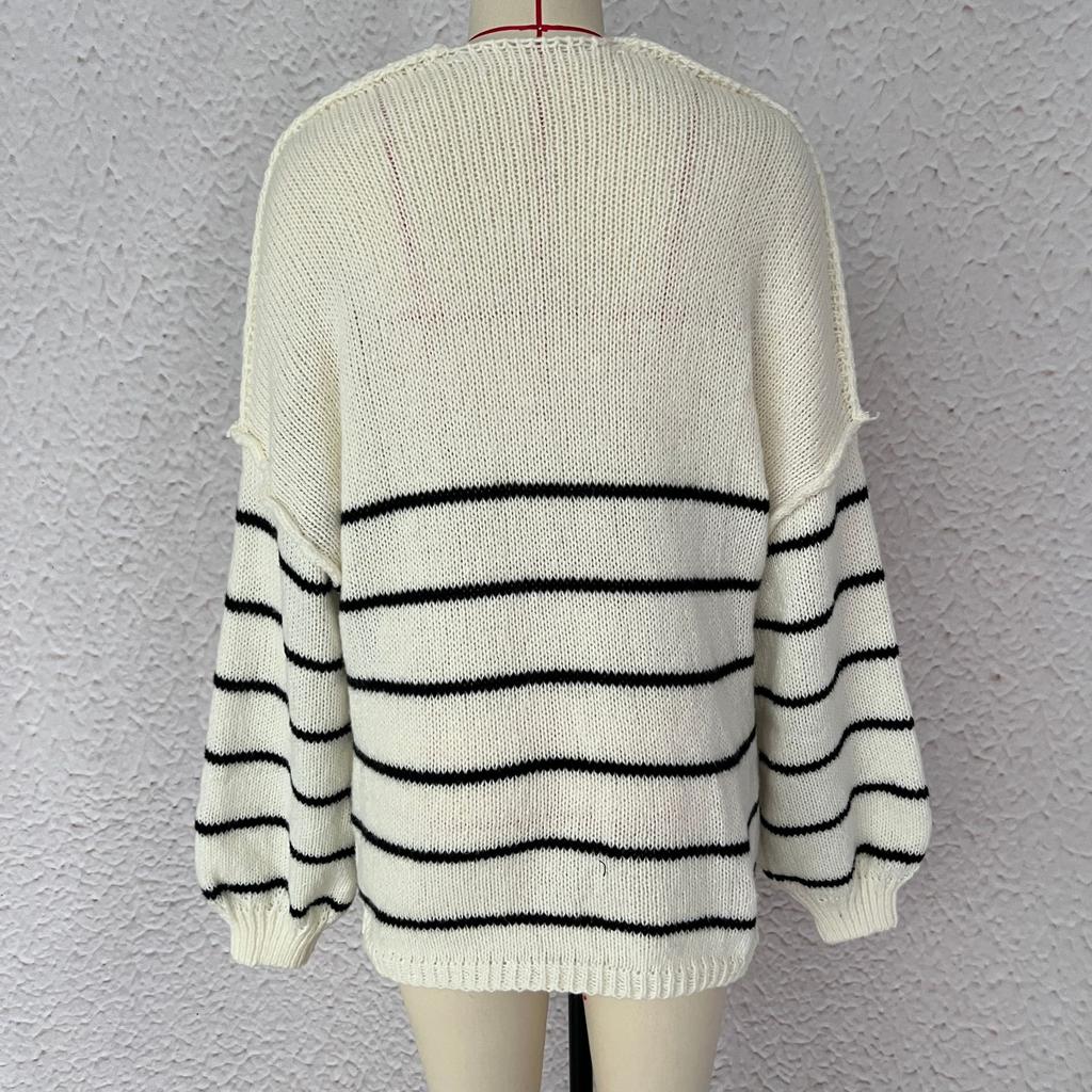 New autumn and winter sweater for women, loose contrasting stripes, reverse bone embroidery, knitted cardigan jacket for women 3583 KTB