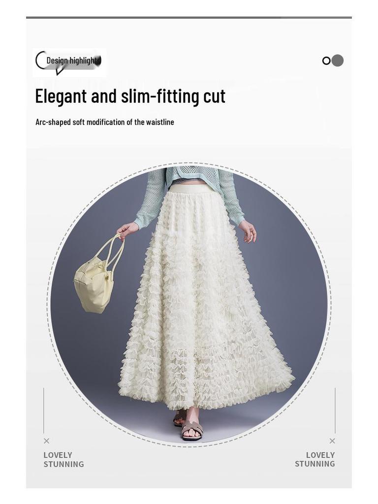 Elegant Mesh Fluffy Cake Skirt - Spring 2026 A-Line Midi with Wide Hem