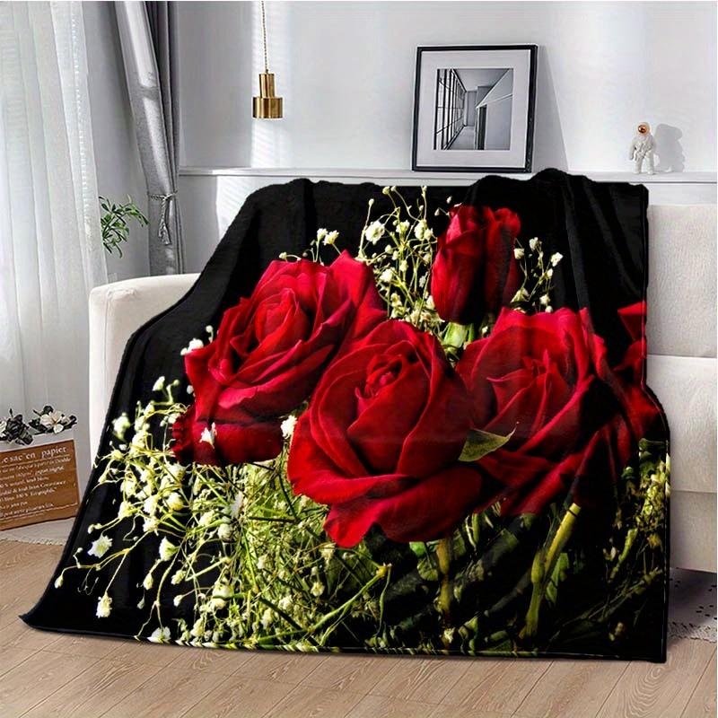 Red Roses Water Droplets Flannel Throw Blanket Valentine's Day Gift for Girls Women King Queen Size for Couch Sofa Living Room