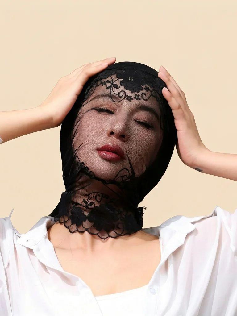 Elastic Full Cover Head Mask Lace Sheer See Through Unisex Women Man Hood Fashion Patchwork Stocking Style Mask Full Head