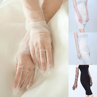 Damen Tüllhandschuhe Spitze Fingerlos Ellenbogenlang Kleiderhandschuhe Durchsichtig Ultra Dünn Transparent EMA