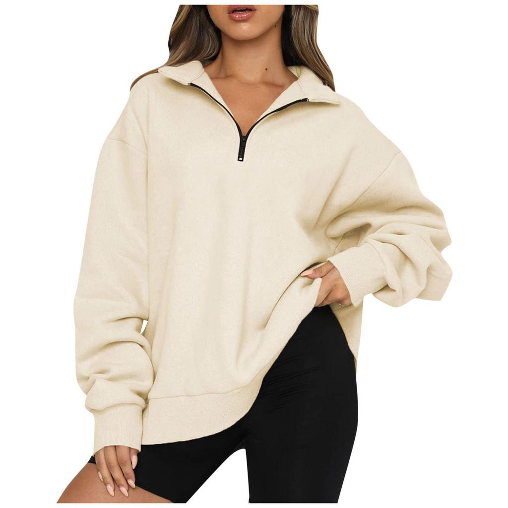 Women's Half-Zip Fleece-Lined Sweatshirt: European and American Autumn/Winter Casual Long Sleeve Top