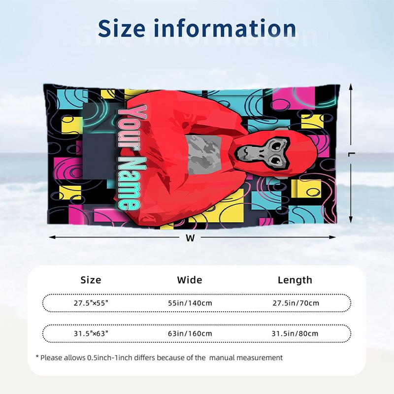 Gorilla Tag cartoon Beach Towel, Personalized Custom Text, Quick Dry Soft Large Towel For Swimming Pool Travel