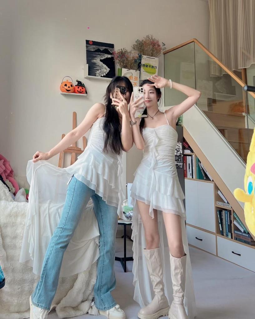 French-inspired Ruffle Spliced Camisole Dress - Women's Summer Slimming Irregular Long Dress