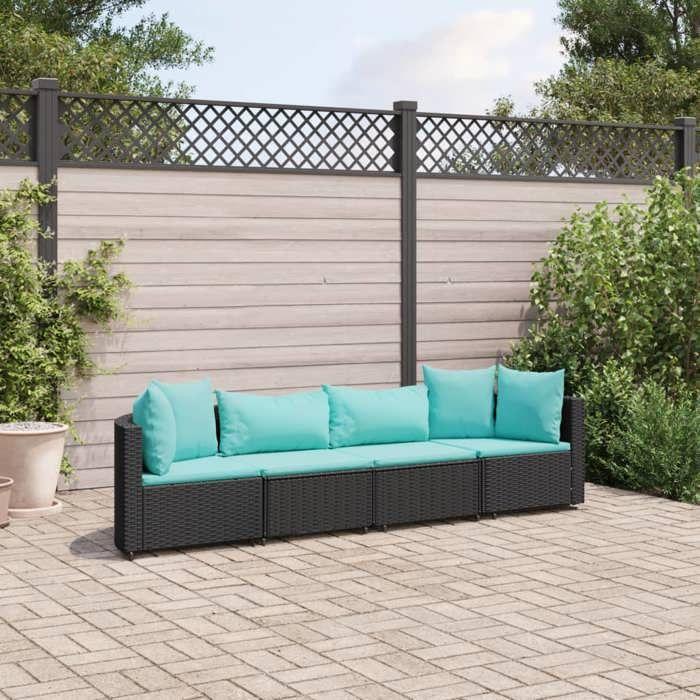 VidaXL Salon de jardin 4 pcs avec coussins noir résine tressée, ensemble de canapés d'extérieur, canapé d'angle de jardin, 3308460