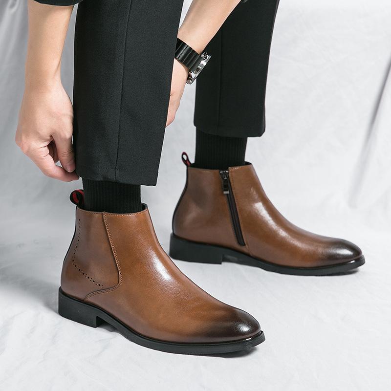 Leather Martin Boots Men's British Business Medium Top High Heel Pointed Hair Stylist Leather Shoes High Top Leather Boots