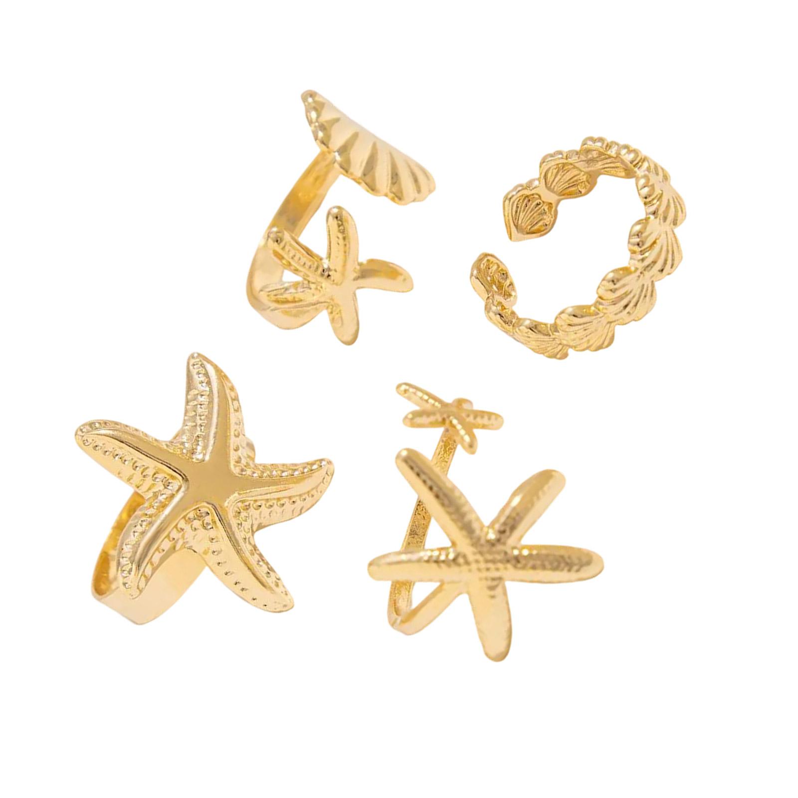 

Набор из 4 шт. Креативные открытые кольца в виде ракушек и морских звезд для женщин и мужчин, регулируемые, для фаланг пальцев, ювелирные изделия золотого/серебряного цвета 4 золотой