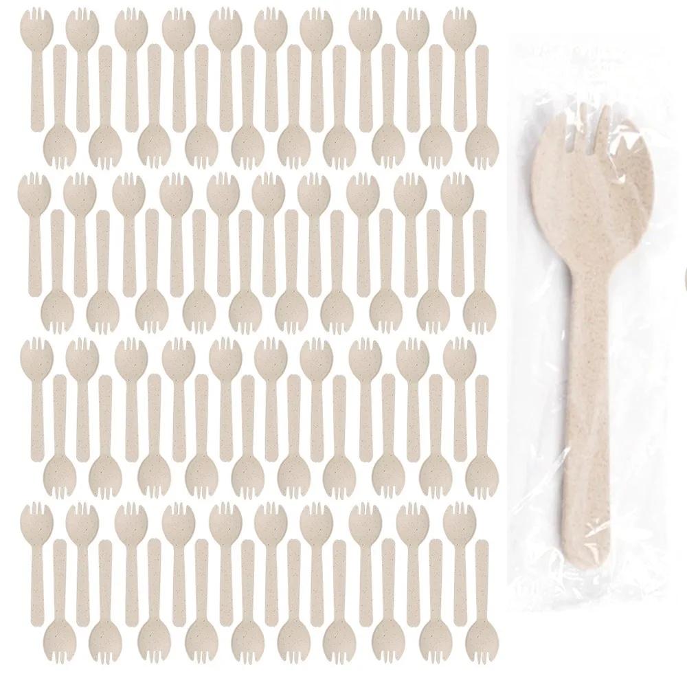 100Pcs Individually Packaged Disposable Spoon Fork Eco-Friendly 11.3cm Ice Cream Spoons Wheat Straw Durable Mini Fork Set