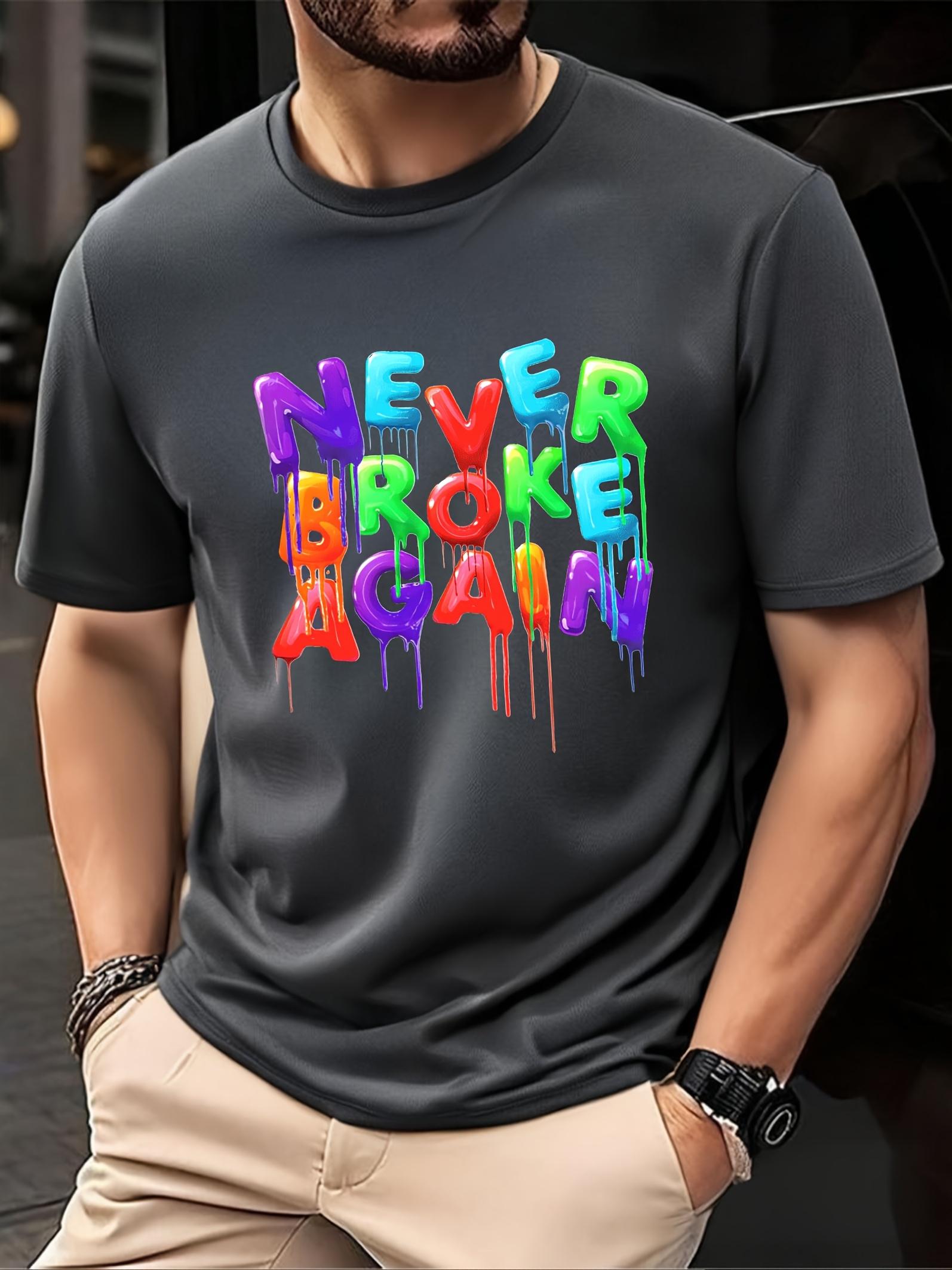 

Graphic T-shirt - NEVER BROKE AGAIN Motivational Print - Navy Blue Athletic Tee - Breathable Workout Shirt for Gym XL