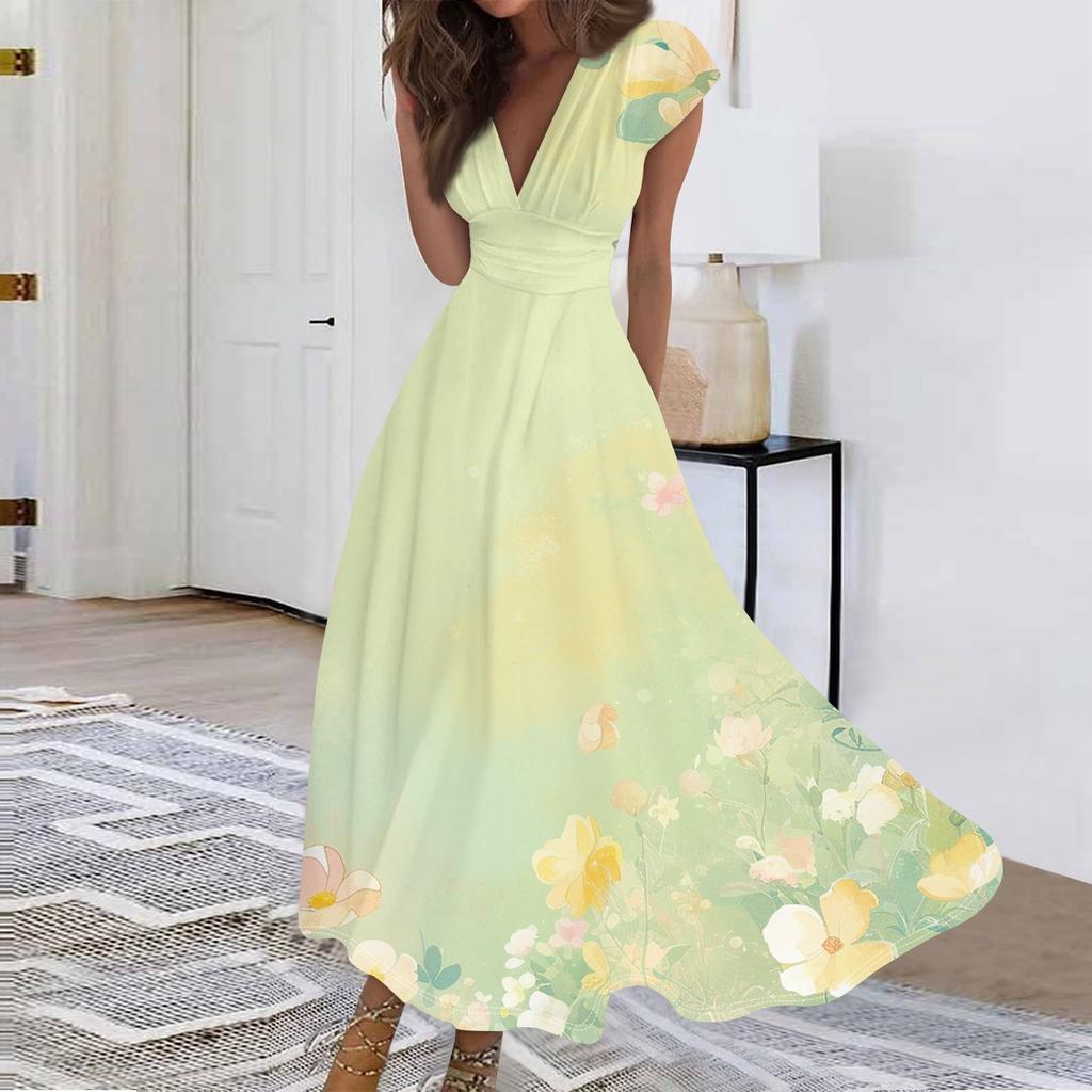 Women's Long Casual Dress Summer Short-Sleeve V-Neck Waist Retraction Printed Dress