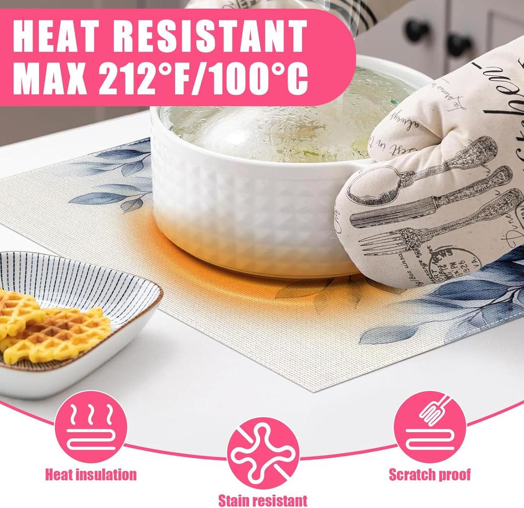 Spring Blue Leaves Placemats Set of 6,12x18 Inch Eucalyptus Leaves Linen Place Mat Washable Stain Resistant Table Mats