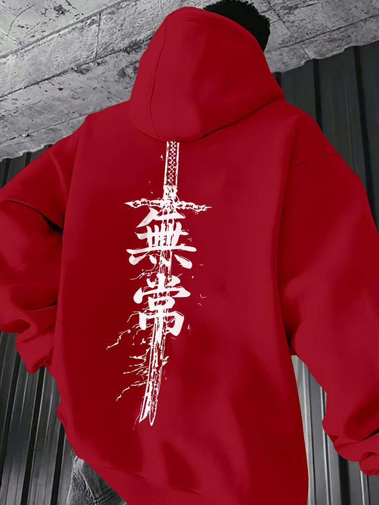 Trendy Men Hoodie Chinese "Impermanence" Kanji Sword Back Print Warm Pullover Sweatshirt Autumn Winter Streetwear