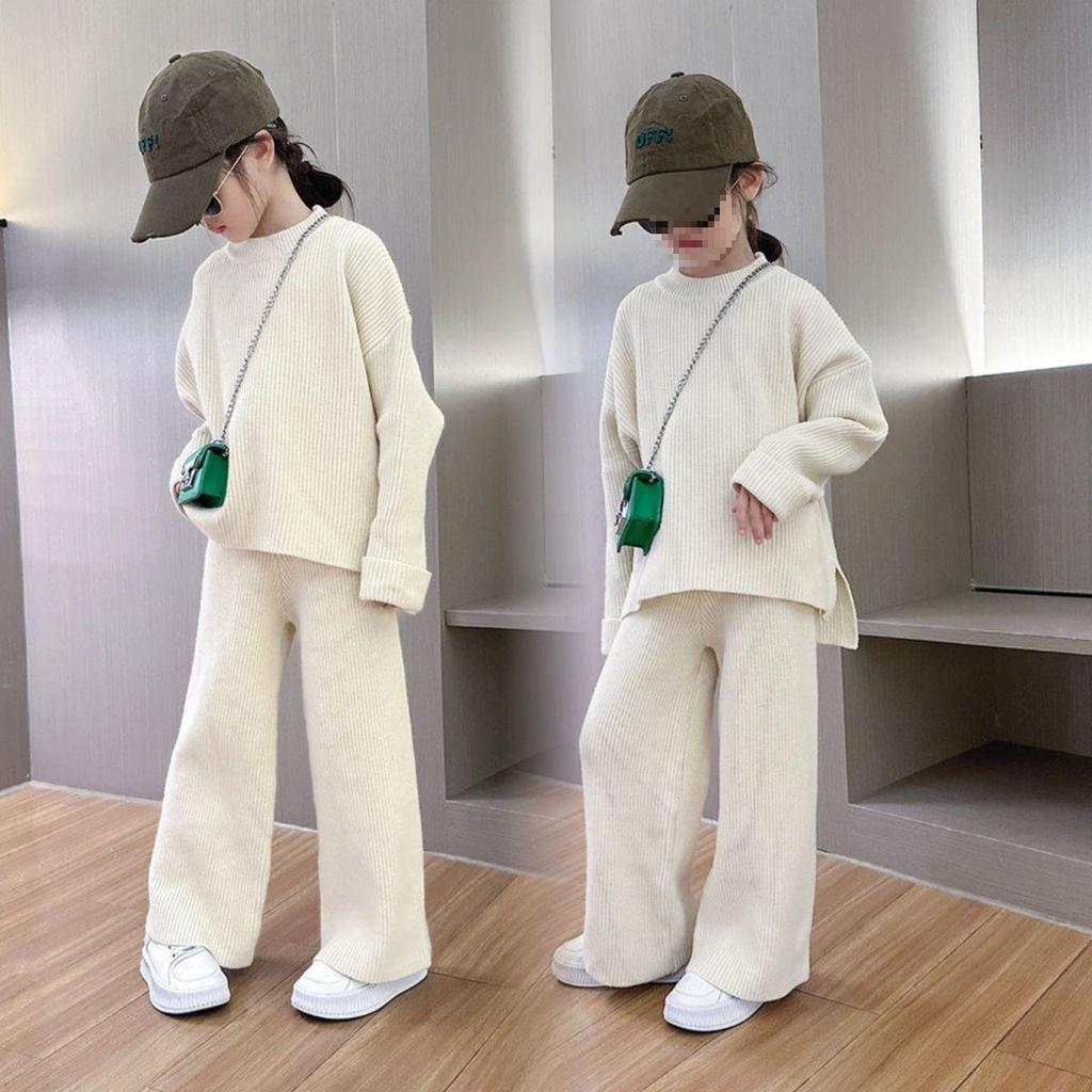 Herbst/Winter Lässiger Stil Mädchen Zweiteiliges Strickpullover-Set mit Weitbeinigen Hosen