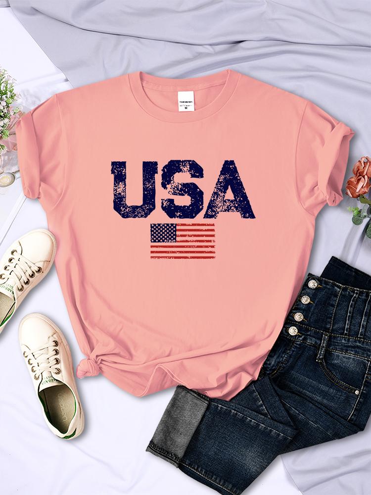 USA Letters American Flag Stars and Stripes Printed Women T-Shirts Street Hip Hop Tee Clothing Summer Breathable Tshirt Female