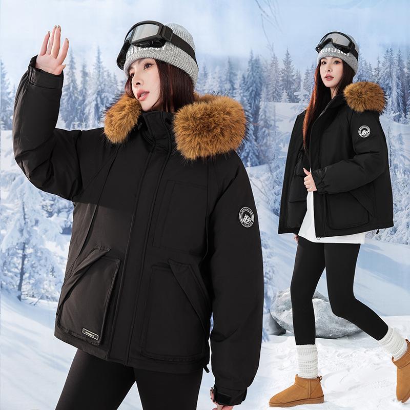 Short Cotton-padded Clothes Women's Winter New Hooded Big Fur Collar Thickened Short Thermal Tooling Cotton-padded Jacket