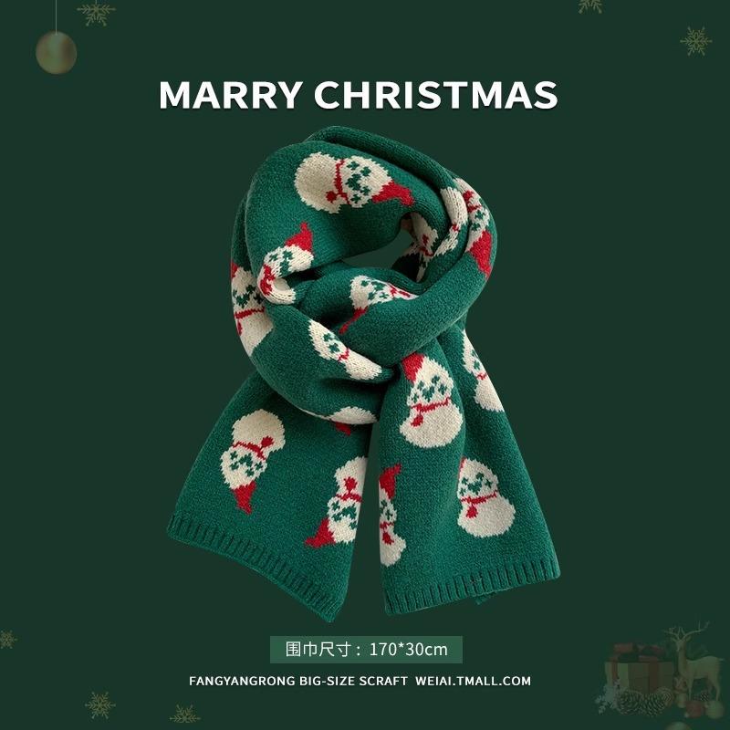 Red Christmas Tree Knitted Scarf Female Autumn and Winter Warm Green Wool Student Couple Christmas Gift Scarf Versatile
