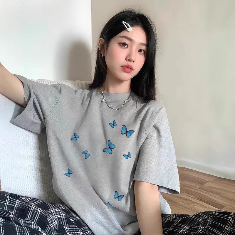 Women Cotton Short Sleeve T‑Shirt Summer Korean Loose Slim Fit Crew Neck Butterfly Print Casual Pullover Top 2026 New