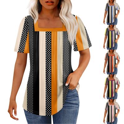 T Shirts For Women Pleated Square Neck Dressy Casual Blouses Printing Short Sleeve Summer Tops Loose Fit