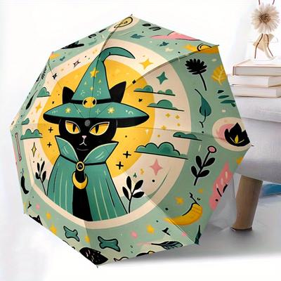 1pc Green Wizard Cat Pattern Automatic 3 Fold Umbrella, 8 Iron Frames, High Value Folding Umbrella, Suitable for Office