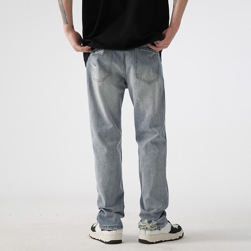 Ripped straight jeans men's American washed trendy high street retro loose wide leg trousers boys