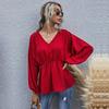 Women Spring Summer Casual Blouse Top Shirt V-Neck Long Puff Sleeve Slim Chiffon Solid Red S M L XL