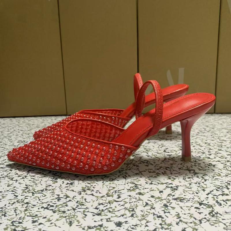 Fashion Brand Fashion Woven Mesh Beading Women Pumps Elegant Pointed Toe Chic Thin High Heels Summer Classic Slingback Office Lady Shoes