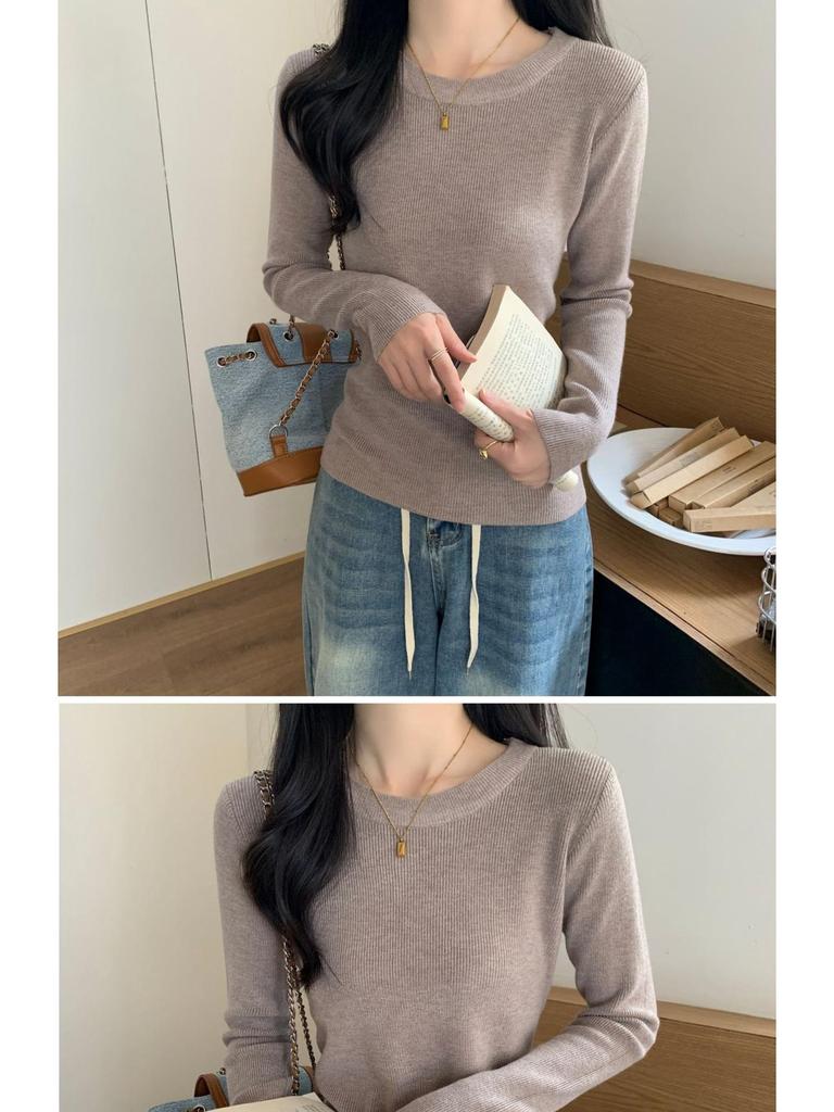 2025 Light Blue Chic Korean Slim-Fit Round Neck Sweater - Spring Age-Reducing Knitted Base Layer