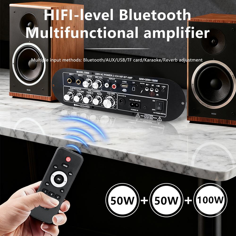 D800 2.1-Channel Bluetooth Amplifier Board 50W+50W+100W High-Power Output with Bluetooth 5.0 AUX+MIC FM+USB+TF Card