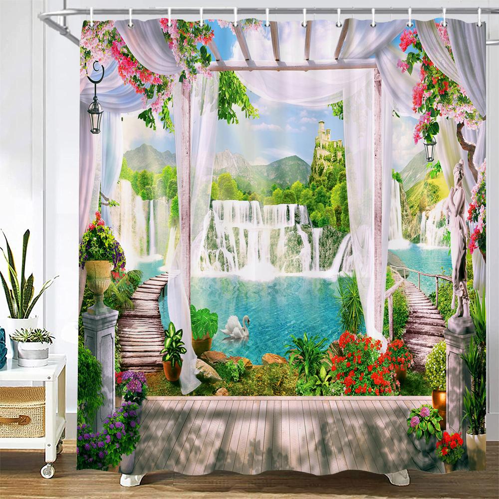 Shower Curtain Sunshine Beach Scenery Seaside 3D Printing Bathroom Curtain Polyester Waterproof Home Decor Curtain 180x180cm