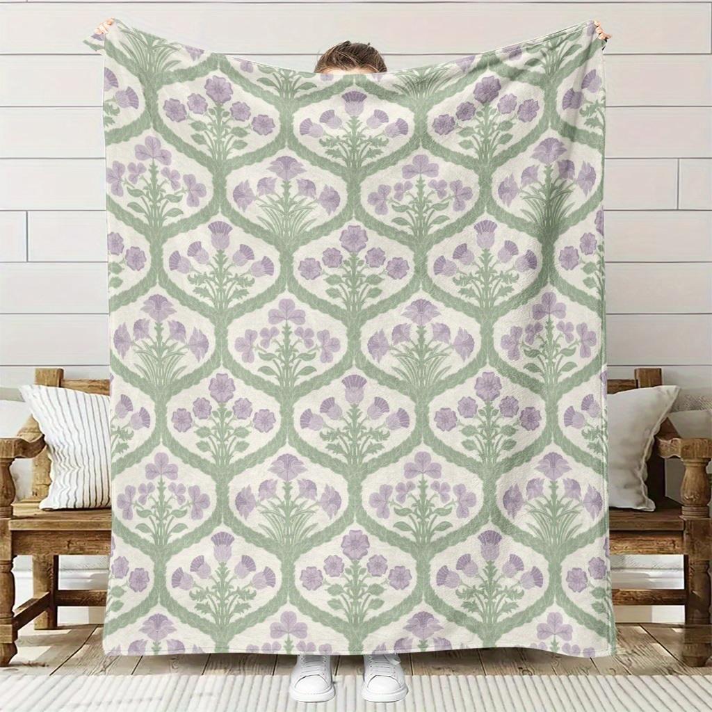 

1pc Bohemianstyle purple and green floral patterned blanket machine washable polyester suitable for bedrooms and living rooms 75x100cm