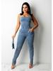 European American Casual Slim Backless Bandage Denim Jumpsuit