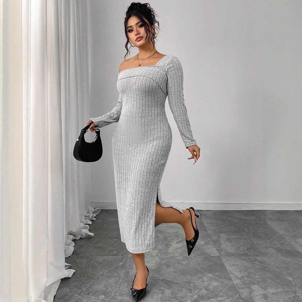Fashionable Knitted Square-neck Off-the-shoulder Body-hugging Dress Long-sleeved Slit Dress