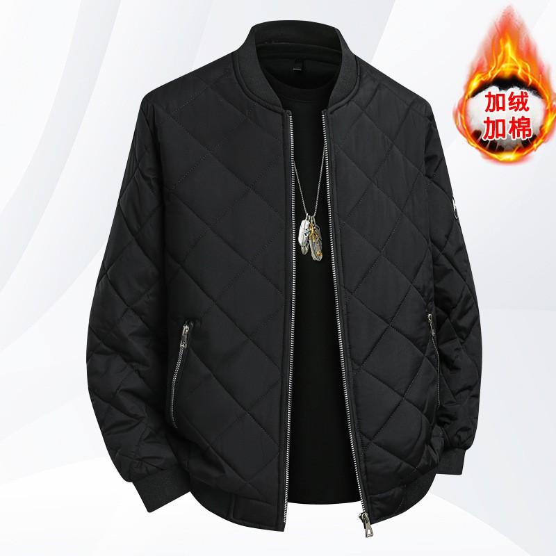 Mens Plus Size Winter Padded Jacket Fleece Lined Stand Collar Baseball Coat Warm Solid Color Cotton Outwear