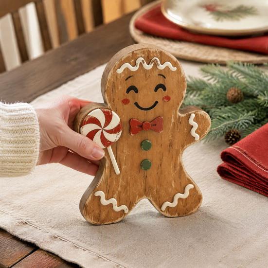 Christmas Village Gingerbread House Wooden Man Decor, Rustic Gingerbread, Candy Cane Figurines, Xmas Reusable Seasonal Home Decor Tabletop Ornaments