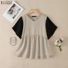 ZANZEA Women Casual V-Neck Patchwork Short Sleeve Loose Blouse