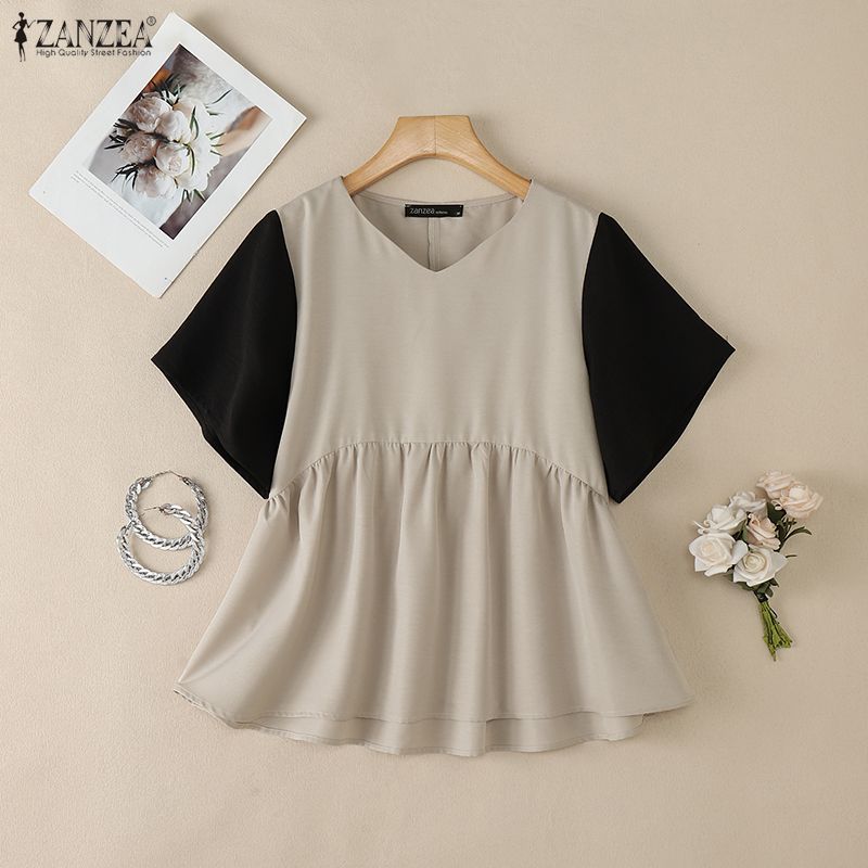 ZANZEA Women Casual V-Neck Patchwork Short Sleeve Loose Blouse
