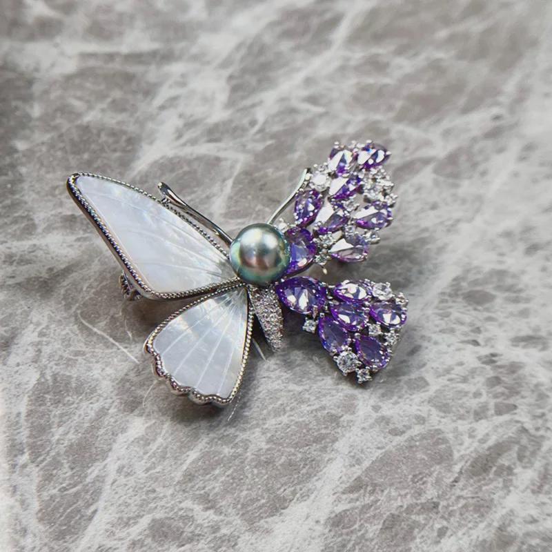 Luxury Purple Zircon Butterfly Brooch with Natural Seashell and Pearl, Gold-Plated Copper Pin for Women