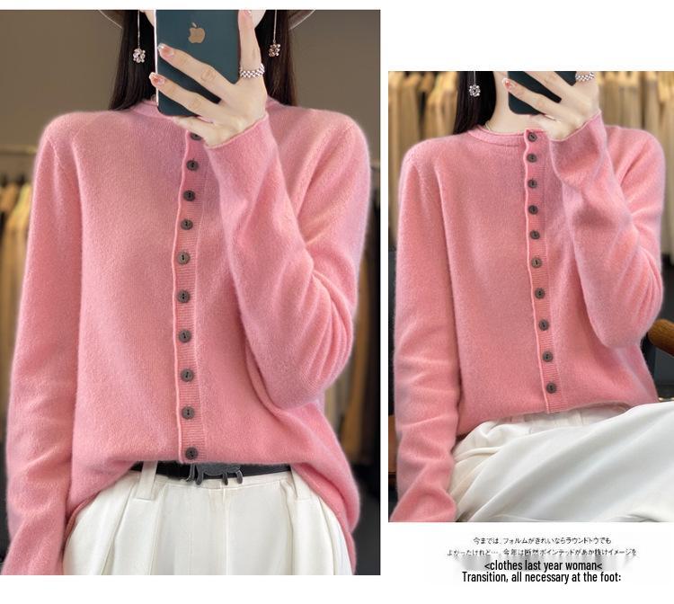 Autumn & Winter Women's Wool Cardigan: Half-High Round Neck, Fashionable Multi-Button, Loose-Fit Knit Base Layer