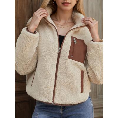 Abrigo de Otoño e Invierno para Mujer con Tejido en Contraste, Decoración de Bordes Finos, Cárdigan con Cremallera, Chaqueta Casual de Felpa