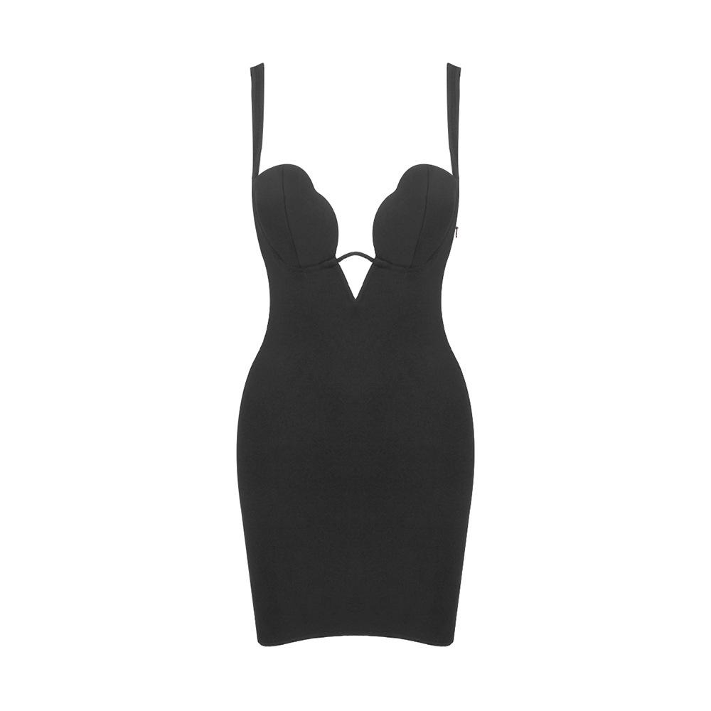 Elegant Black V-neck Spaghetti Strap Zipper Slit Hem Nightclub Dress Medium чёрный