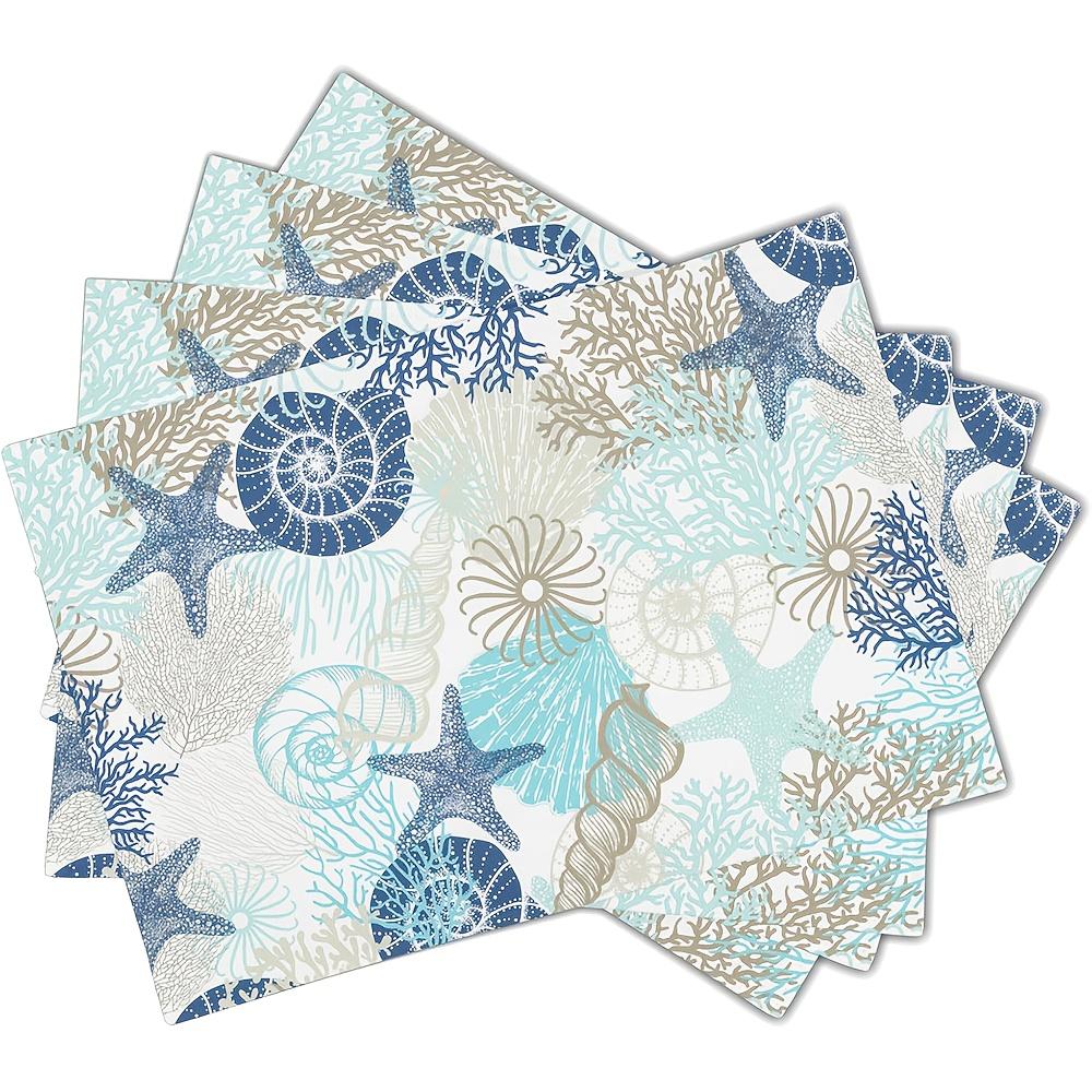 Set of 4 Summer-Themed Placemats Featuring Ocean Designs, Including Starfish And Seashells. These Washable, Non-Slip, And Heat-R