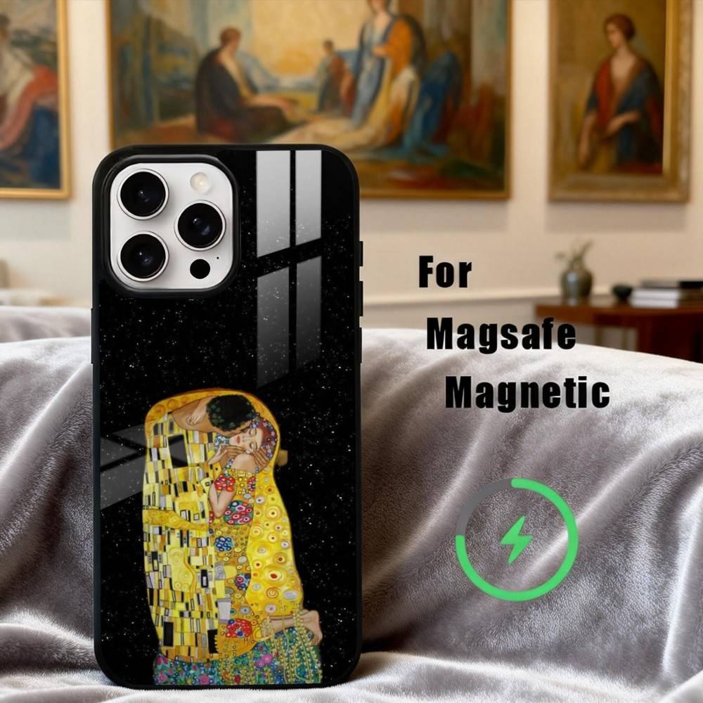 Custodia per Telefono Pittura "Il Bacio" di Gustav Klimt Per iPhone17,16,15,14,13,12,11 Plus,Pro Max Magnetica Per Ricarica Wireless Magsafe