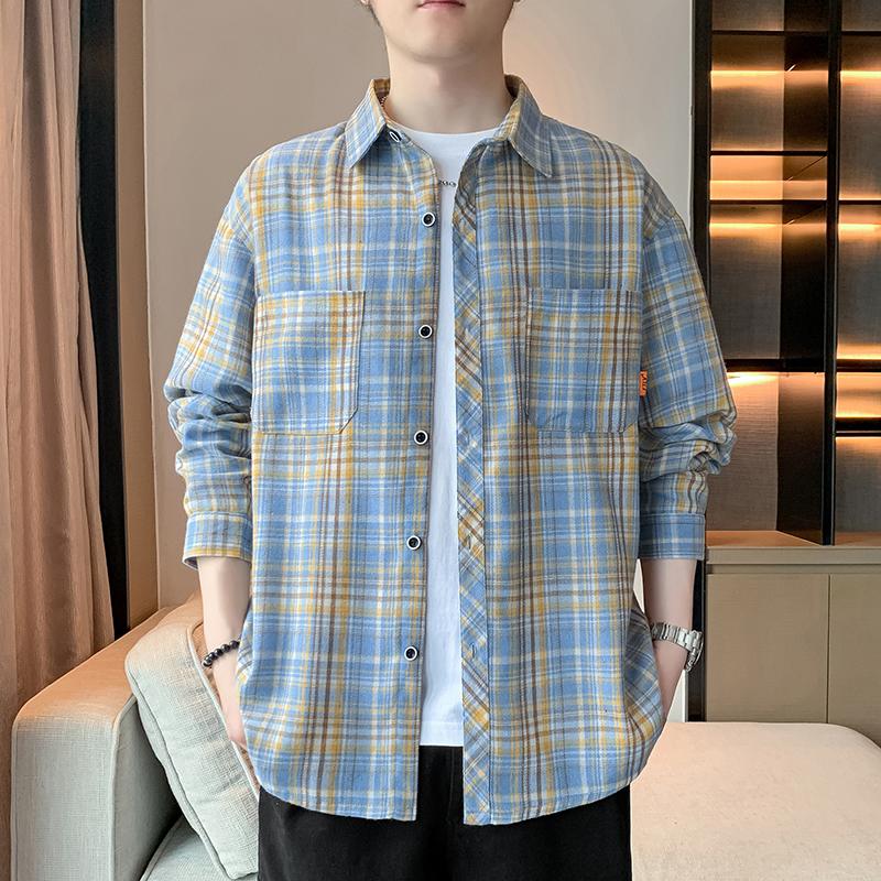 Spring and Autumn New Men's Sweatshirt Casual Versatile Youth Handsome Cardigan Plaid Long Sleeve Shirt